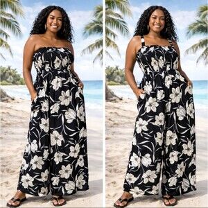 Torrid Floral Wide Leg Jumpsuit 2X 18 20 Strapless Challis Smocked Pocket Romper